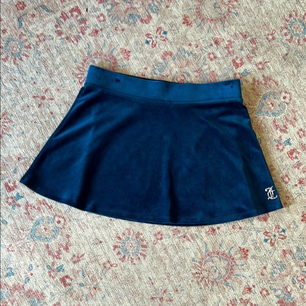 Juicy Couture Y2K Navy Velour Micro Mini Skirt Rhinestone Logo Preppy A-Line | S